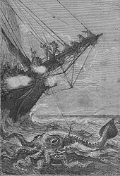 #18 (30/11/1861) Engraving by Henri Théophile Hildibrand from Twenty Thousand Leagues Under the Seas (1871), whose depiction of the giant squid was undoubtedly inspired by the Alecton encounter.[3] Bernard Heuvelmans's The Kraken and the Colossal Octopus incorrectly described this illustration as "[t]he Alecton squid after Arthur Mangin, 1864".[301]