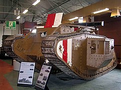 Mark V at the Tank Museum, Bovington. With vertical white-red-white British recognition stripes, still in use up to early part of World War II