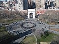 An aerial view of Washington Square Park and the start of 5th Ave, as seen from New York University's Kimmel Center on Washington Square South.