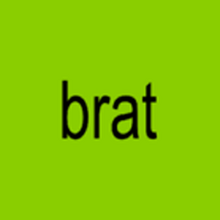 「brat」一詞以小寫、低解像度的Arial Narrow字體寫在石灰綠色背景上。