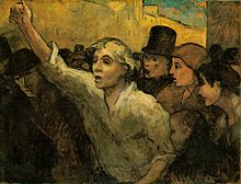 A painting of a man at the forefront of a crowd raising his fist.