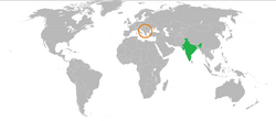 Map indicating locations of India and Kosovo