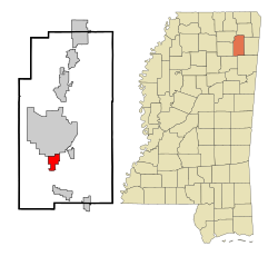 维罗纳在李县及密西西比州的位置（以红色标示）