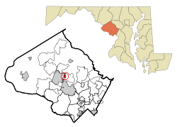 华盛顿格罗夫在蒙哥马利县及马里兰州的位置（以红色标示）