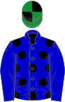 Blue, black spots on body, green and black quartered cap