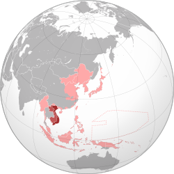 Vietnam (dark red) within the Empire of Japan (light red) at its furthest extent