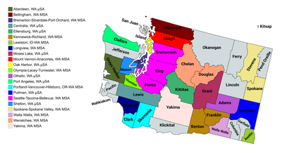 Map of the 22 core-based statistical areas in Washington (state).