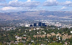 Woodland Hills, California, in the foreground, including Warner Center, from the top of Topanga Overlook