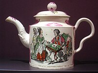 Teapot with scene of a fortune-teller. Printed black outline with manual enamel colours. 1762–82