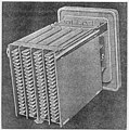 Folded wet aluminum electrolytic capacitor, Bell System 1929, view onto the folded anode which was mounted in a squared housing (not shown) filled with liquid electrolyte