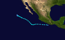 A map of the track of a tropical storm off the Pacific coast of Mexico; it moves westward at first, before switching to a northwest direction about midway through its life