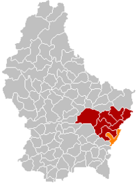 沃梅尔当日在卢森堡地图上的位置，沃梅尔当日为橙色，格雷文马赫县为深红色