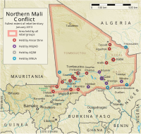 This year's Azawad rebellion in Mali, upon topographic background partially explaining human occupation.