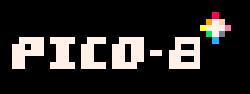 Pixel art: the text "PICO-8" in white on black, followed by a diamond shape with a rainbow outline.