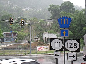 Puerto Rico Highways 1111, 128, 111 signs, in Lares