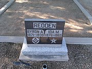 The grave site of Byron Alton Redden (1871-1939) and his wife Ida M. Redden . Byron was a rancher and served as zanjero (irrigation canal manager) for 25 years. Redden bought the house, which was built in 1918, in 1920. The house is listed in the National Register of Historic Places. Redden is buried in sec. 4-12