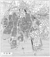 1930年（昭和5年）左右的广岛市地图。右下可见宇品的御幸通与御幸桥。御幸桥东延伸出两条道路，与御幸通构成三角形，其下顶点附近是凯旋碑的建造地点