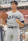 Joe Sambito is standing in a Boston Red Sox uniform