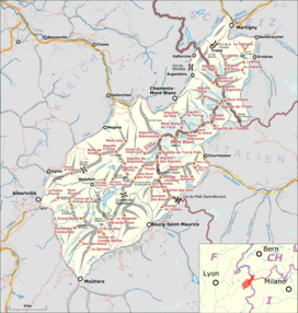 Simplified map of Mont Blanc massif showing location between France, Italy, and Switzerland