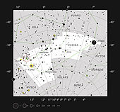 A chart of the constellation of Carinae with a white background. Eta Carinae is circled in red on the left side.