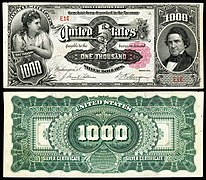 Obverse and reverse of an 1891 one-thousand-dollar silver certificate depicting William L. Marcy