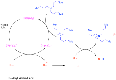 Mechanistic diagram of the reductive dehalogenation of unactivated carbon-iodine bonds