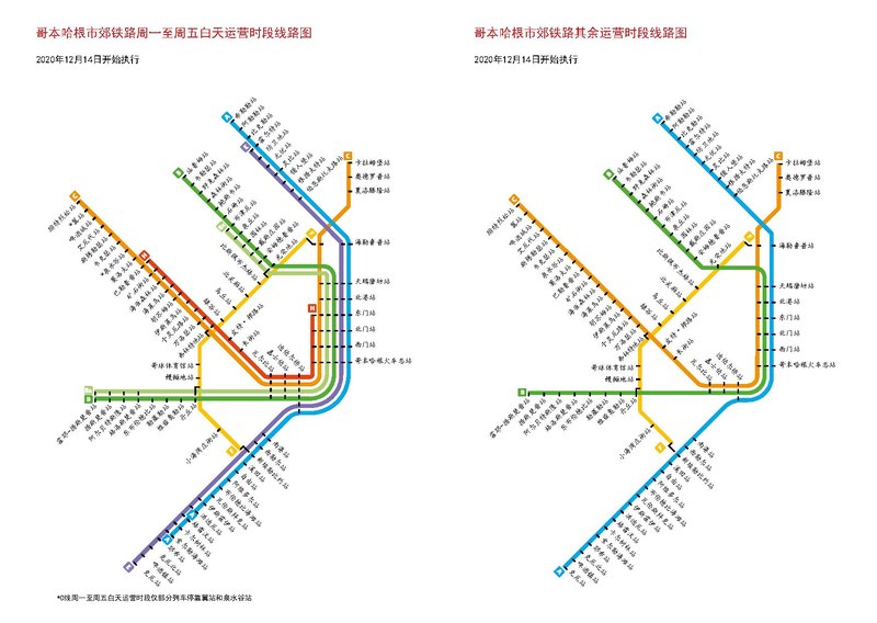 左侧线路图为周一至周五白天时段线路图，右侧线路图为其余运营时段线路图（2020年12月14日开始执行，数据截至2021年4月4日）