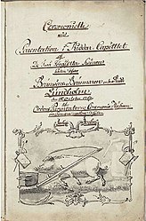 Handwritten title page of Bellman's Order chapter in memory of brandy-distiller Lundholm, with emblem of a pig lying drunk[16] under a scythe, flanked by brandy bottles and tobacco pipes