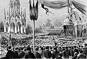 Inauguration of the Monument to the Dynasty in Laeken Park, 21 July 1880, etching by Armand Heins from L'Illustration nationale[3]