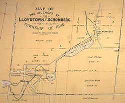 A map from 1878 showing lots 30-34 in King Township, including the communities of Lloydtown and Schomberg.