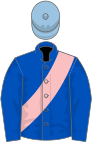 Royal blue, pink sash, light blue cap