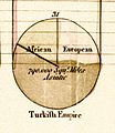 威廉·普莱菲在《统计学摘要》中使用的一张饼图，描述了1789年以前土耳其帝国在亚洲、欧洲及非洲中所占的比例。