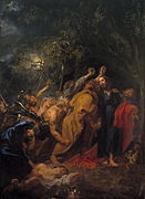 安东尼·凡·戴克的《逮捕耶稣（英语：The Betrayal of Christ (van Dyck, Madrid)）》，344 × 249cm，约绘于1618－1620年，腓力四世从鲁本斯的财产拍卖会上购得[50]