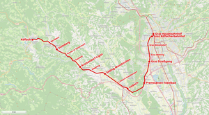 Route map showing the course of the railway line