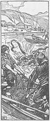 #30 (25/11?/1873) Artist's depiction of the fishermen's encounter with a giant squid off Logy Bay, Newfoundland, on 25 ?November 1873. Published in The Anniston Hot Blast on 12 February 1902 ([Anon.], 1902b:6, fig.).