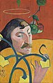 Image 7 Self-Portrait with Halo and Snake Painting: Paul Gauguin Self-Portrait with Halo and Snake is an 1889 oil on wood painting by French artist Paul Gauguin, which represents his late Brittany period in the fishing village of Le Pouldu in northwestern France. It shows Gauguin against a red background with a halo above his head and apples hanging beside him as he holds a snake in his hand while plants or flowers appear in the foreground. The religious symbolism and the stylistic influence of Japanese wood-block prints and cloisonnism are apparent. The work is one of more than 40 self-portraits he completed. It is held at the National Gallery of Art in Washington, D.C. More selected pictures