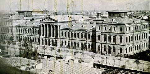 The old building of the University of Bucharest, designed by Alexandru Orăscu and decorated with sculptures by Karl Storck, 1857–1864, bombarded in April or May 1944 during WW2 and partially destroyed, partially rebuilt during the late 1960s[83]