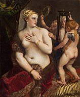 提香的《照镜子的维纳斯（英语：Venus with a Mirror）》，124.5 × 105.5cm，约作于1555年，原为沙皇尼古拉二世的收藏，后藏于艾米塔吉博物馆，于1930年代展转由安德鲁·威廉·梅隆购得。[31]