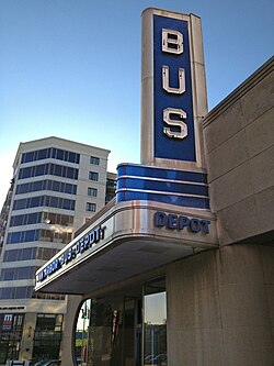 The marquee of the Ann Arbor Bus Depot in 2014