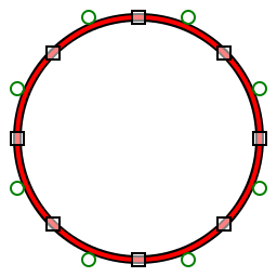 Eight-segment quadratic polybezier (red) approximating a circle (black) with control points