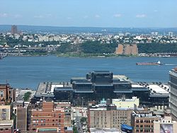 Weehawken (background) and the Hudson River, and Midtown Manhattan (foreground) in July 2001