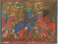 Gawain battles the Black Knight, f. 55r.