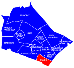 Location of Piaski within the district of Bielany, in accordance to the City Information System.