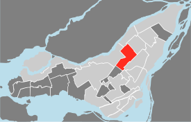 Location of Villeray–Saint-Michel–Parc-Extension on the Island of Montreal. (Grey areas indicate demerged municipalities).