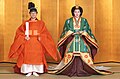 Image 8Newly-wed Emperor Naruhito, then Crown Prince, wearing a sokutai and Empress Masako, then-Crown Princess, wearing a jūnihitoe. Costumes of these styles have been worn by the Imperial family since the Heian period, when a unique Japanese style developed. (from Culture of Japan)