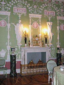 Neoclassical marble fireplace in the green dining room of Catherine Palace, Tsarskoye Selo, Russia, by Charles Cameron, 1779
