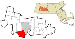 南安普敦在汉普夏县及马萨诸塞州的位置（以红色标示）