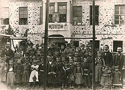 First officially recognized Albanian school for boys, Korçë, 1899. Director Nuçi Naçi, teachers Thanas Nona and Kristo Vodica, and students