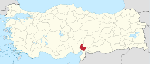 Osmaniye highlighted in red on a beige political map of Turkeym