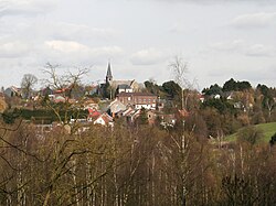 An image of the Viesville skyline; a church steeple and several small buildings are visible amid woods